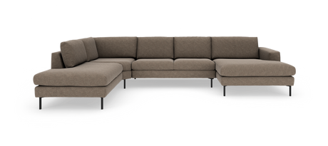 Modulær L‑formet hjørnesofa i brun/beige stof med slanke sorte ben, vist på hvid studiobaggrund.