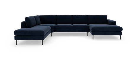 Mørkeblå U‑formet hjørnesofa med slanke sorte ben, frilagt på hvid baggrund.