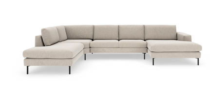 Beige hjørnesofa med to chaiselonger og sorte metalben, ribbet stof.