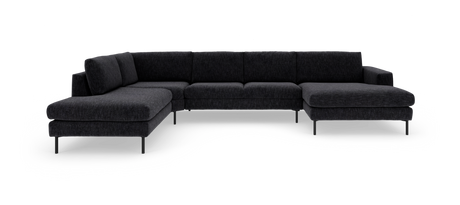 Mørkegrå U-formet modulsofa med dobbelte chaiselonger og slanke sorte ben, frilagt på hvid baggrund.