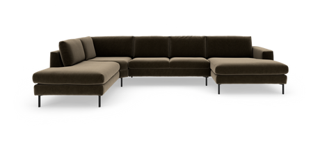 Modulsofa i mørkebrun stof, U‑form med chaiselonger på begge sider, frilagt på hvid baggrund.