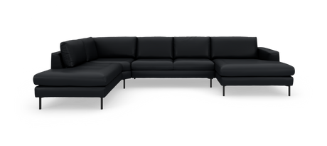 Sort hjørnesofa i U‑form med dobbelt chaiselong og slanke metalben, frilagt på hvid baggrund.