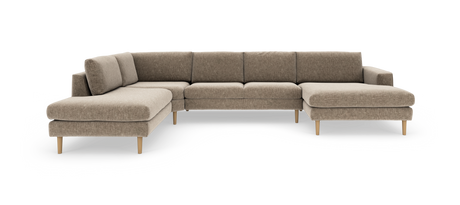 L‑formet modulsofa i beige stof med træben, vist på hvid baggrund.