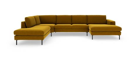 Modulsofa i sennepsgul tekstil med sorte metalben, L-formet hjørnesofa på hvid baggrund.