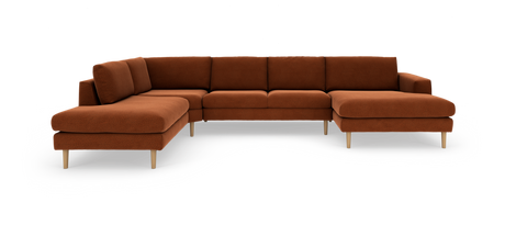 Modulsofa i L‑form, rustbrunt stof med lyse træben.