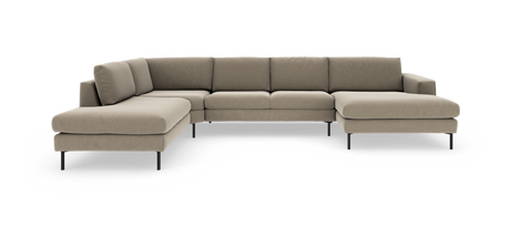 Beige L-formet hjørnesofa med slanke sorte metalben, fritlagt mod hvid baggrund.