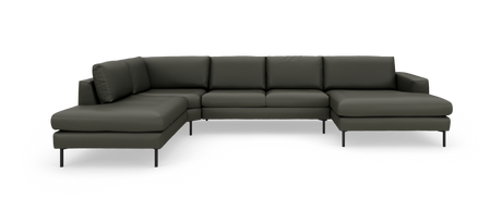 Stor U‑formet hjørnesofa i mørkegrøn/grå nuance med slanke sorte ben, fritstående mod hvid baggrund.