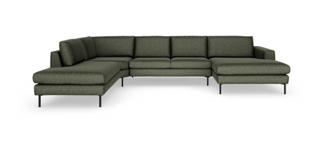 Modulær L‑formet grøn hjørnesofa med chaiselong til højre og slanke sorte ben, frilagt på hvid baggrund.