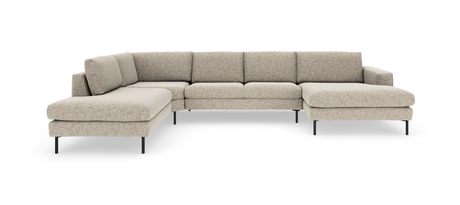 U-formet modulsofa i beige stof med sorte metalben på hvid baggrund.
