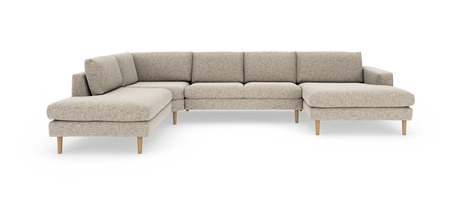 Beige L-formet modulsofa med træben, produktfoto på hvid baggrund.