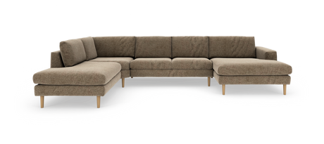 Brun modulær hjørnesofa i stof med chaiselong til højre og træben.