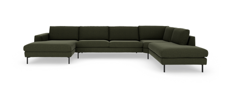 Mørkegrøn modulsofa i U‑form med slanke sorte metalben, fritlagt på hvid baggrund.
