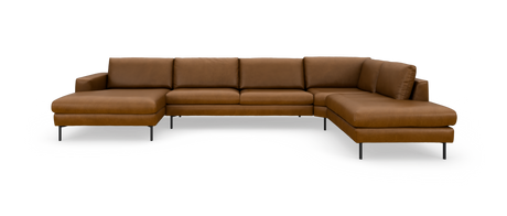 Stor modulsofa i brun læder med chaiselonger på begge sider, frilagt på hvid baggrund.