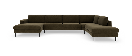 Stor U-formet modulsofa i olivgrøn fløjl med chaiselong i begge ender, fritlagt mod hvid baggrund.