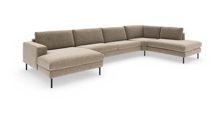 Beige modulsofa i U‑form med venstre chaiselong og højre afslutning, slanke sorte ben, fritstående på hvid studiebaggrund.