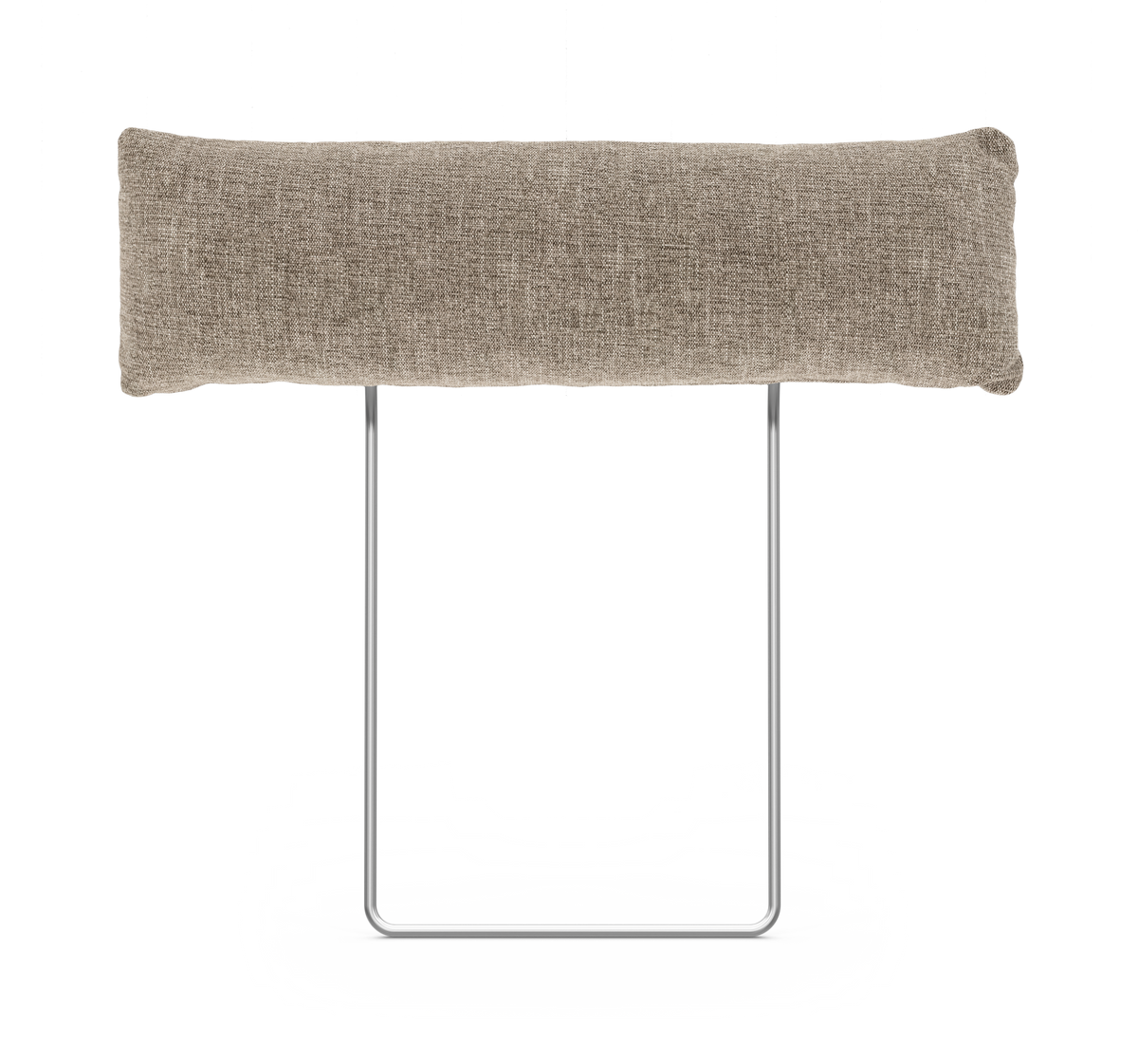 Rektangulær beige nakkestøtte/pude på forkromet U-formet metalstativ, frilagt mod hvid baggrund.