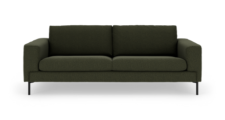 Mørkegrøn sofa med lige armlæn og sorte metalben, fritlagt mod hvid baggrund.