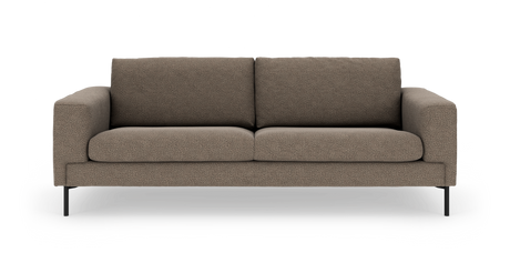 Brun stofsofa med sorte metalben, frontvisning på hvid baggrund.