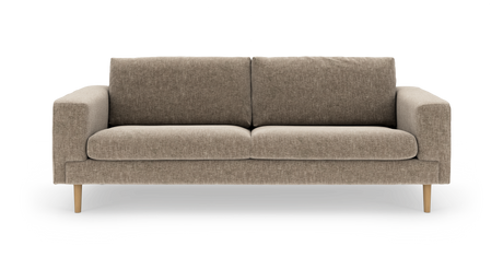 Brunbeige 3-personers stofsofa med lige armlæn og lyse træben, frilagt på hvid baggrund.