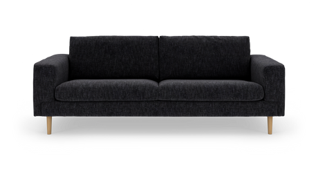 Mørkegrå stofsofa med træben, moderne 3‑personers i front, frilagt på hvid baggrund.