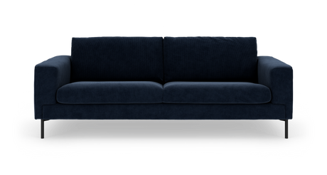 Mørkeblå 3-personers sofa med slanke sorte metalben, frontvisning mod hvid studiebaggrund.