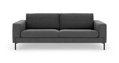 Mørkegrå 3‑personers sofa med rene linjer og slanke sorte ben, frontvisning i studie.