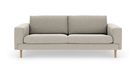 Beige stofsofa med to sædehynder, lige armlæn og lyse træben, frontvisning.