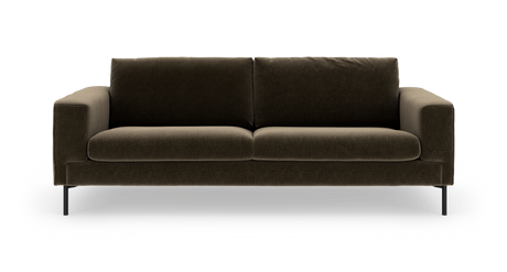 Mørkebrun, moderne tosædet sofa med lige armlæn og sorte metalben, frilagt på hvid baggrund.