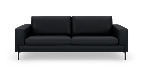Sort lædersofa set forfra, isoleret på hvid baggrund.