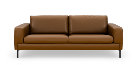 Brun lædersofa med to sædehynder og slanke sorte ben, fritlagt frontvisning.