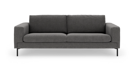 Mørkegrå sofa med to sædehynder og sorte metalben, set forfra og frilagt på hvid baggrund.