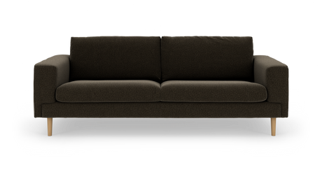 Mørkebrun 3‑personers sofa med lyse træben og enkel, moderne form, frilagt på hvid baggrund.