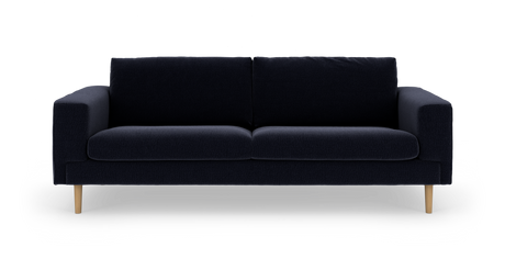 Mørkeblå/sort tresæders sofa med træben i frontvisning på hvid baggrund.