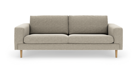 Beige tresæders sofa med lige armlæn og lyse træben, frontvisning på hvid baggrund.