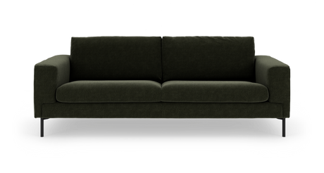 Mørkegrøn 3-personers sofasofa i stof med rene linjer og slanke sorte ben, frontview.
