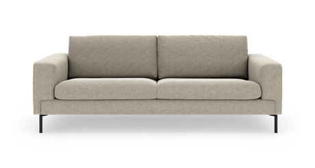 Beige sofa i stof med sorte metalben, frontvisning på hvid baggrund.