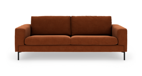 Brun 2-personers sofa i bouclé med sorte metalben, set forfra.