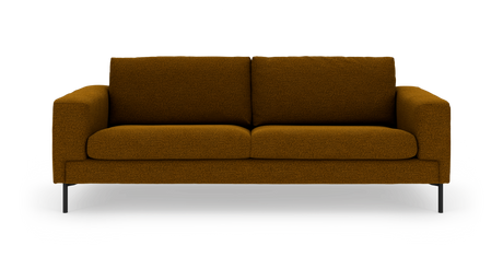 Moderne sennepsgul 3-personers sofa med lige armlæn på sorte ben, fritlagt på hvid baggrund.