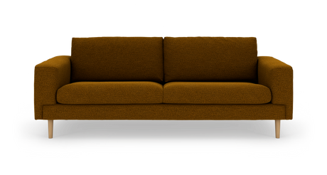 Brun 3-personers sofa i tekstureret stof med lyse træben, frontvisning, frilagt mod hvid baggrund.