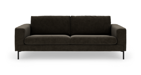 Mørkegrå tresæders sofa i moderne, minimalistisk design, set forfra på hvid baggrund.