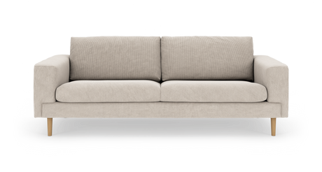 Beige sofa med to sædehynder og to ryghynder, stofbetræk og lyse træben, set forfra.
