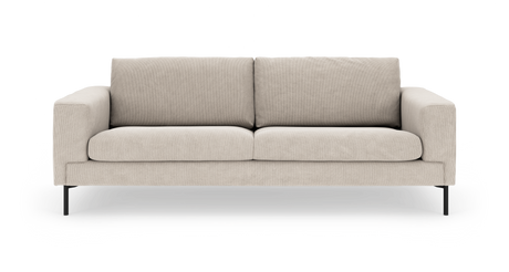 Beige, moderne 3-personers sofa med rette armlæn og sorte metalben, frontvisning.