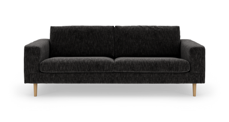 Mørkegrå stofsofa med to sædehynder og træben, fritlagt på hvid baggrund, frontview.