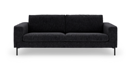 Mørkegrå stofsofa set forfra på hvid baggrund.