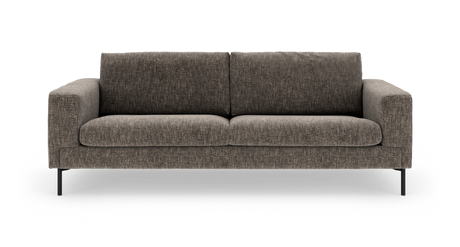 Brungrå stofsofa med to sædehynder, rette armlæn og sorte metalben, set forfra.