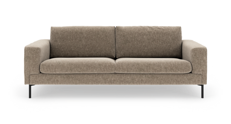Beige 3-personers stofsofa med lige armlæn og slanke sorte metalben, frontvisning på hvid frilagt baggrund.