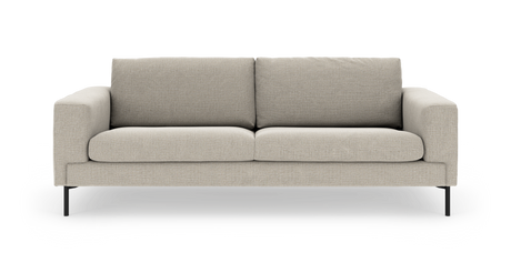 Beige stofsofa med to sæde- og ryghynder og slanke sorte ben, set forfra mod hvid baggrund.