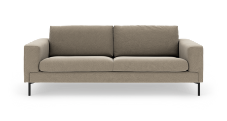 Beige 3-personers stofsofa med firkantede armlæn og sorte metalben, set forfra.