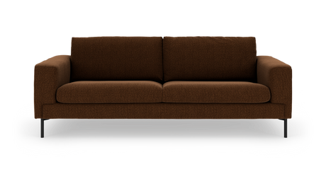 Brun 3-personers sofa i stof med sorte metalben, frontvisning på hvid baggrund.
