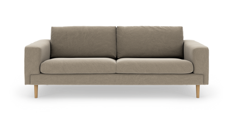 Beige tosæders sofa i stof med træben, frontvisning i studie.